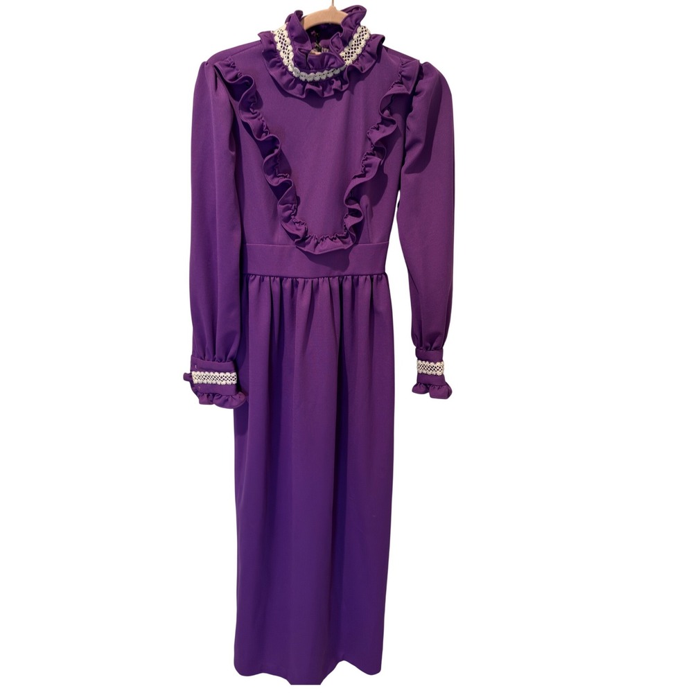 Vintage 70s Purple Ruffle Lace Prairie Maxi Dress